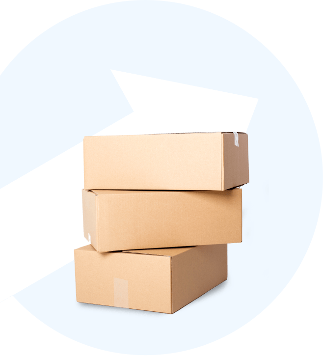 Graphic of a stack of 3 cardboard boxes with the Move On arrow behind them