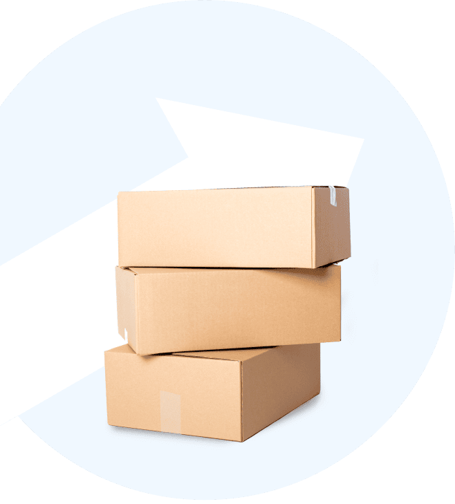 Graphic of a stack of 3 cardboard boxes with the Move On arrow behind them