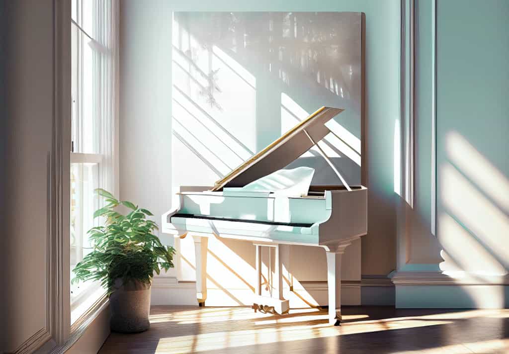 A room in a home with a white grand piano in it